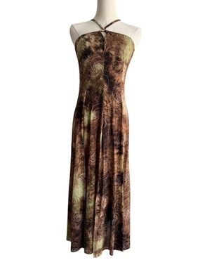 Halter Midi Bodysuit Dress Sz M Brown Earth Tone Goddess Festival High Slit Rave